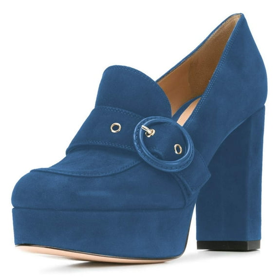 YDN Women Elegant Platform Chunky High Heels Pumps Buckled Round Closed Toe Slip On Dressy Prom Party Slide Shoes Size 7 Blue
