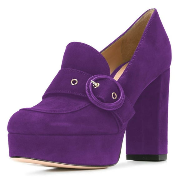 YDN Women Elegant Platform Chunky High Heels Pumps Buckled Round Closed Toe Slip On Dressy Prom Party Slide Shoes Size 8.5 Purple