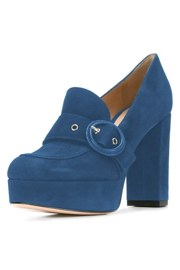 Women Elegant Platform Chunky High Heels Pumps Buckled Round Closed Toe Slip On Dressy Prom Party Slide Shoes Size 9 Blue