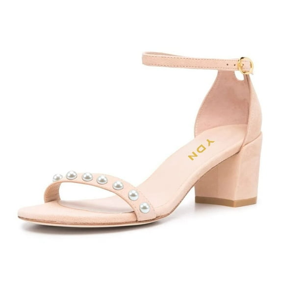 YDN Women Elegant Round Open Toe Pearl Studded Single Strap Sandals Ankle Buckle Strap Block Low Heels Dressy Shoes Size 14 Nude