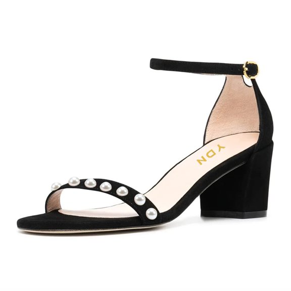 YDN Women Elegant Round Open Toe Pearl Studded Single Strap Sandals Ankle Buckle Strap Block Low Heels Dressy Shoes Size 9 Black