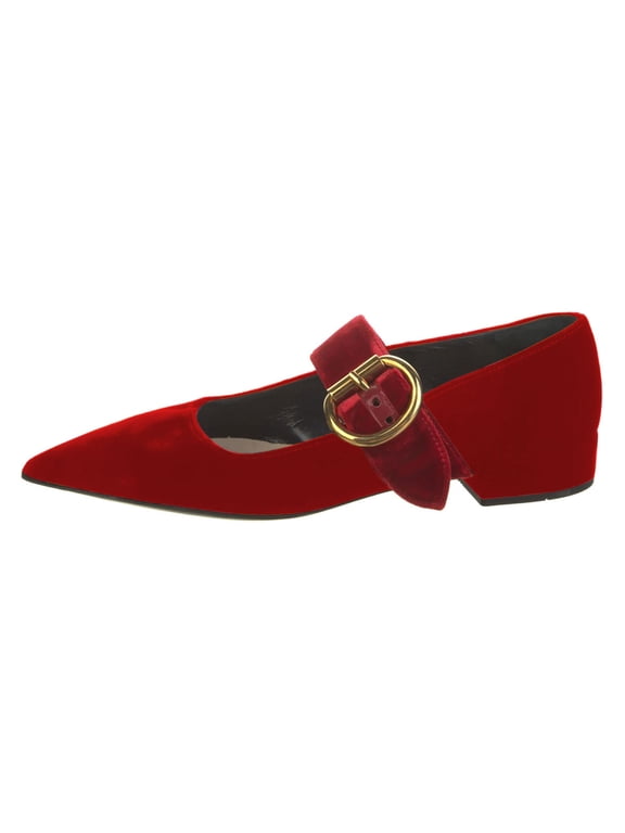Women Elegant Single Buckle Strap Mary Janes Pointed Toe Block Low Heel Ballet Flat Shoes Daily Dancing Prom Size 16 Red