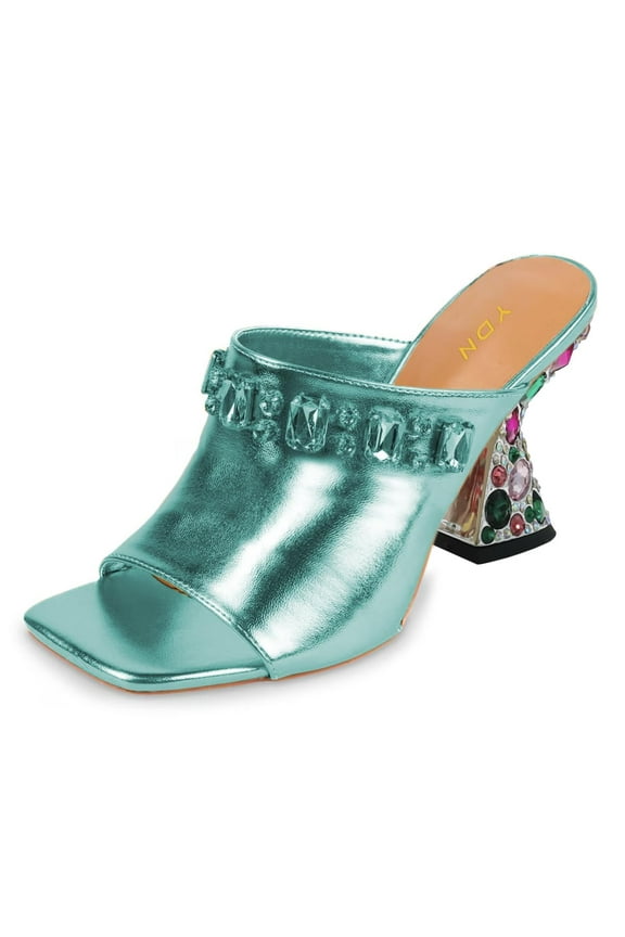 Women Elegant Studded Square Open Toe Backless Mules Rhinestone Chunky High Heel Sandals Slip On Indoor Outdoor Shoes Size 10 Turquoise