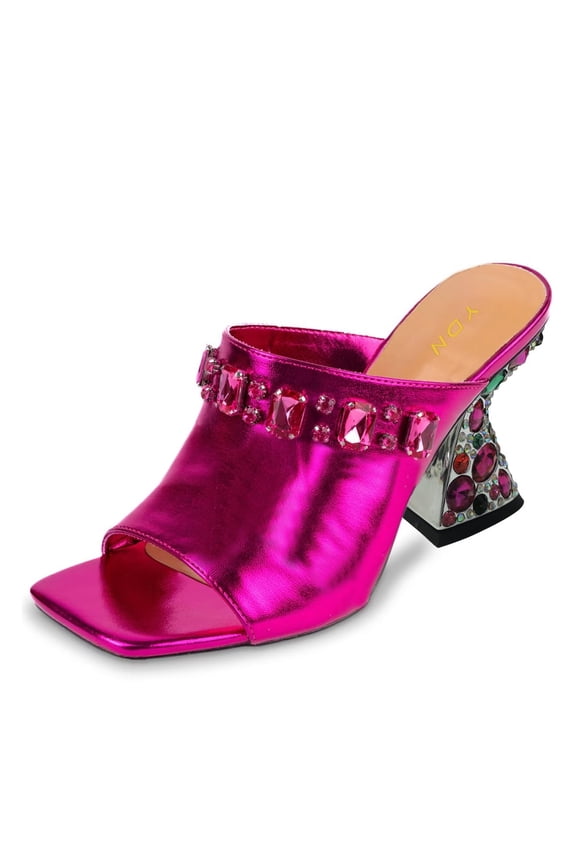 Women Elegant Studded Square Open Toe Backless Mules Rhinestone Chunky High Heel Sandals Slip On Indoor Outdoor Shoes Size 11 Hot Pink