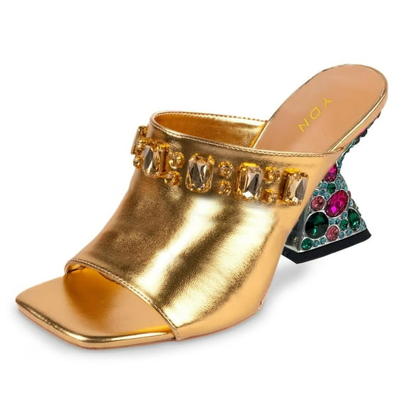 YDN Women Elegant Studded Square Open Toe Backless Mules Rhinestone Chunky High Heel Sandals Slip On Indoor Outdoor Shoes Size 13 Gold