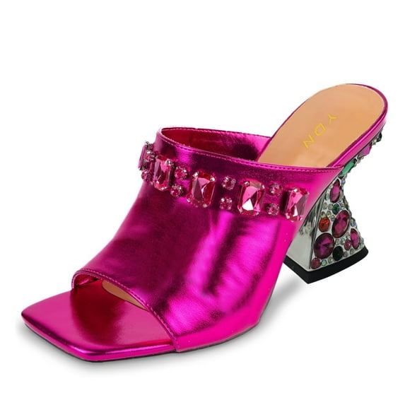 YDN Women Elegant Studded Square Open Toe Backless Mules Rhinestone Chunky High Heel Sandals Slip On Indoor Outdoor Shoes Size 6 Hot Pink
