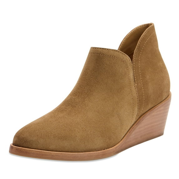 YDN Women Fashion Almond Closed Toe V Cutout Booties Wedge Low Heel Pull On Ankle Boots Formal Business Office Shoes Size 10.5 Brown