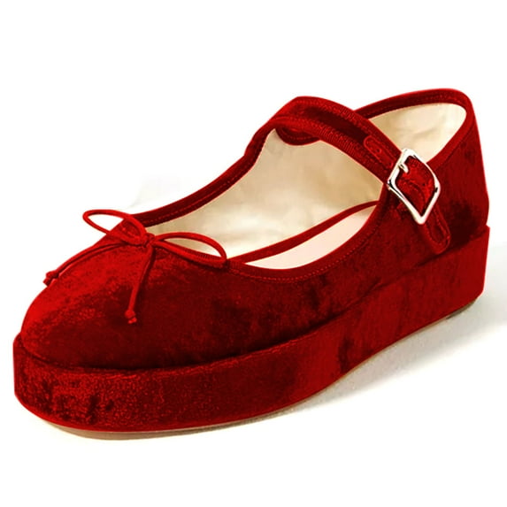 YDN Women Fashion Bows Platform Low Heel Mary Jane Pumps Round Toe Buckle Strap Flats Comfy Prom Party Club Shoes Size 10 Red