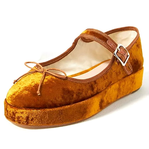 YDN Women Fashion Bows Platform Low Heel Mary Jane Pumps Round Toe Buckle Strap Flats Comfy Prom Party Club Shoes Size 8.5 Ginger