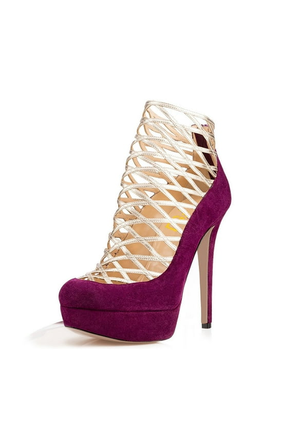 Women Fashion Caged Strap Closed Toe Sandals Stiletto Platform High Heels Back Zipper Bootie Pumps Sexy Shoes Size 4 Purple