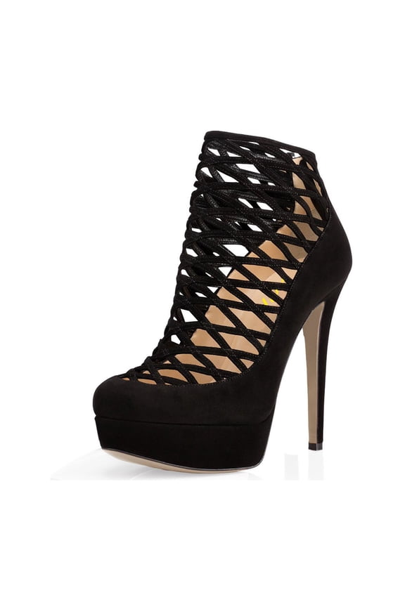 Women Fashion Caged Strap Closed Toe Sandals Stiletto Platform High Heels Back Zipper Bootie Pumps Sexy Shoes Size 8 Black