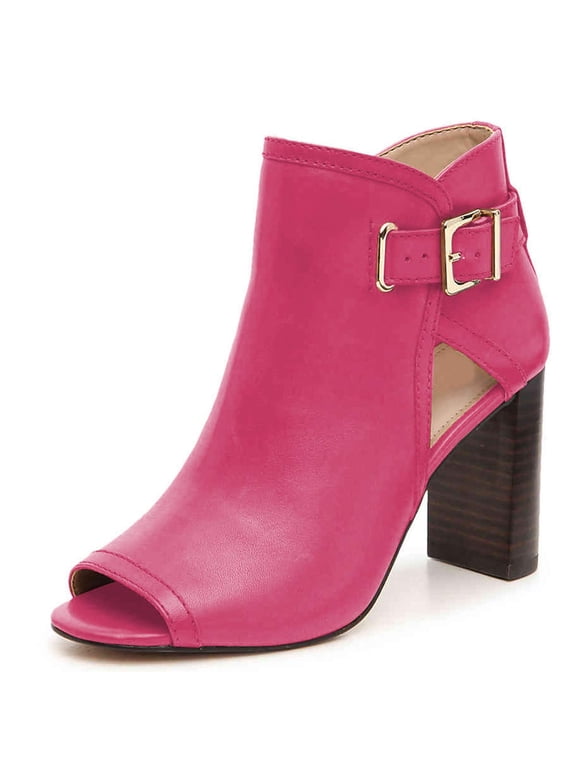 Women Fashion Chunky High Heels Ankle Bootie Peep Open Toe Chic Cutout Buckled Boots Pumps Side Zipper Shoes Size 5 Pink