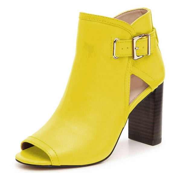 YDN Women Fashion Chunky High Heels Ankle Bootie Peep Open Toe Chic Cutout Buckled Boots Pumps Side Zipper Shoes Size 5 Yellow