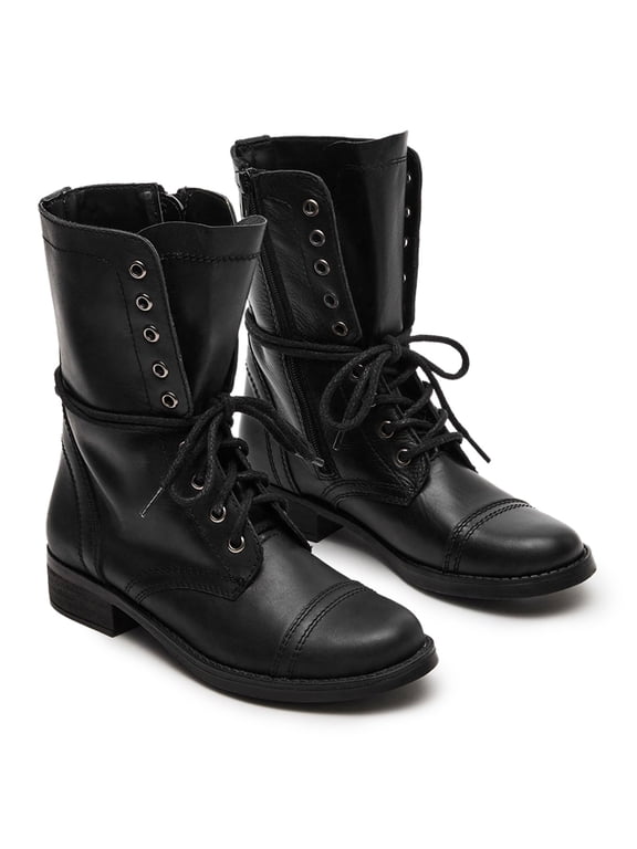 Women Fashion Combat Boots Closed Round Toe Zippers Flats Lace Up Mid Calf Booties Working Outfit Party Shoes Size 13 Black