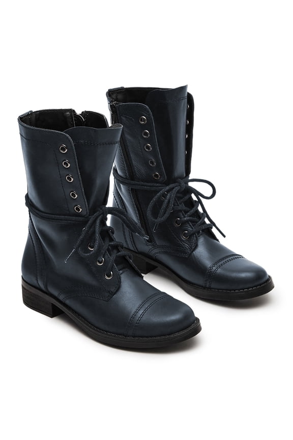 Women Fashion Combat Boots Closed Round Toe Zippers Flats Lace Up Mid Calf Booties Working Outfit Party Shoes Size 4 Blue