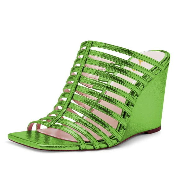 YDN Women Fashion Cutout Square Open Toe Mules Slip On Wedge High Heel Sandals Outdoor Dressy Office Casual Slipper Shoes Size 4 Green