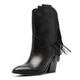 thumbnail image 1 of YDN Women Fashion Fringe Pointy Close Toe Mid Calf Boots Pull On Chunky High Heel Western Winter Tassels Booties Shoes Size 10.5 Black, 1 of 4