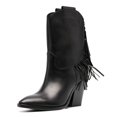 thumbnail image 1 of YDN Women Fashion Fringe Pointy Close Toe Mid Calf Boots Pull On Chunky High Heel Western Winter Tassels Booties Shoes Size 5 Black, 1 of 4