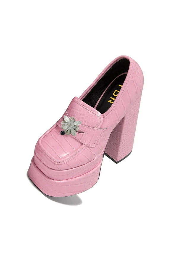 Women Fashion Platform Square Closed Toe Pumps Rhinestone Block Chunky High Heels Dressy Party Evening Shoes Size 13 Pink