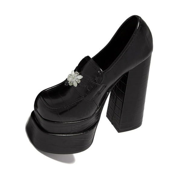 YDN Women Fashion Platform Square Closed Toe Pumps Rhinestone Block Chunky High Heels Dressy Party Evening Shoes Size 7.5 Black