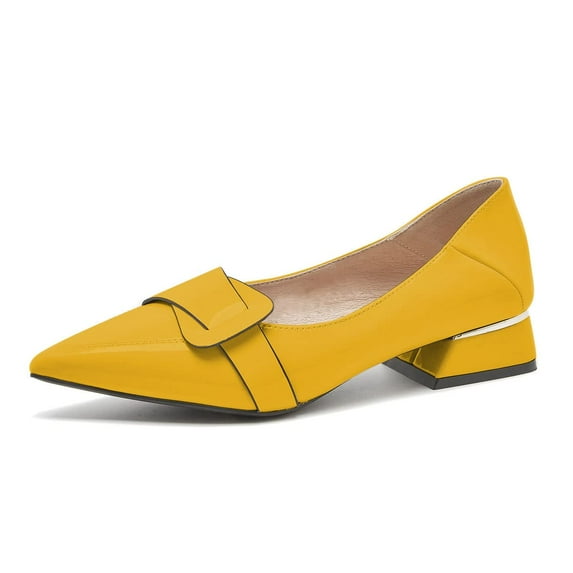 YDN Women Fashion Pointed Closed Toe Block Low Heel Pumps Slip On Flats Shoes Office Daily Shopping Size 6.5 Yellow