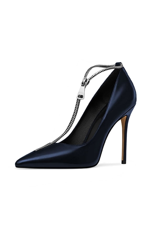 Women Fashion Pointed Closed Toe Flexible Zipper T Strap Pumps Stiletto Thin High Heel Sandals Adjustable Shoes Size 8 Navy