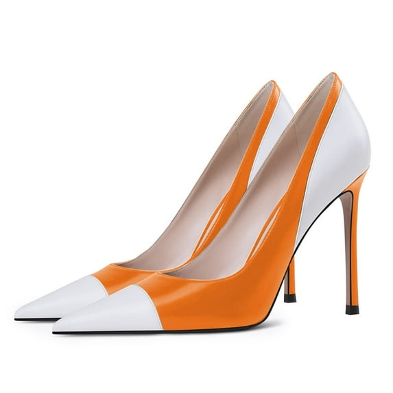YDN Women Fashion Pointed Closed Toe Slip On Pumps Sexy Stiletto High Heels Party Dress Prom Office Shoes Size 10.5 White and Orange