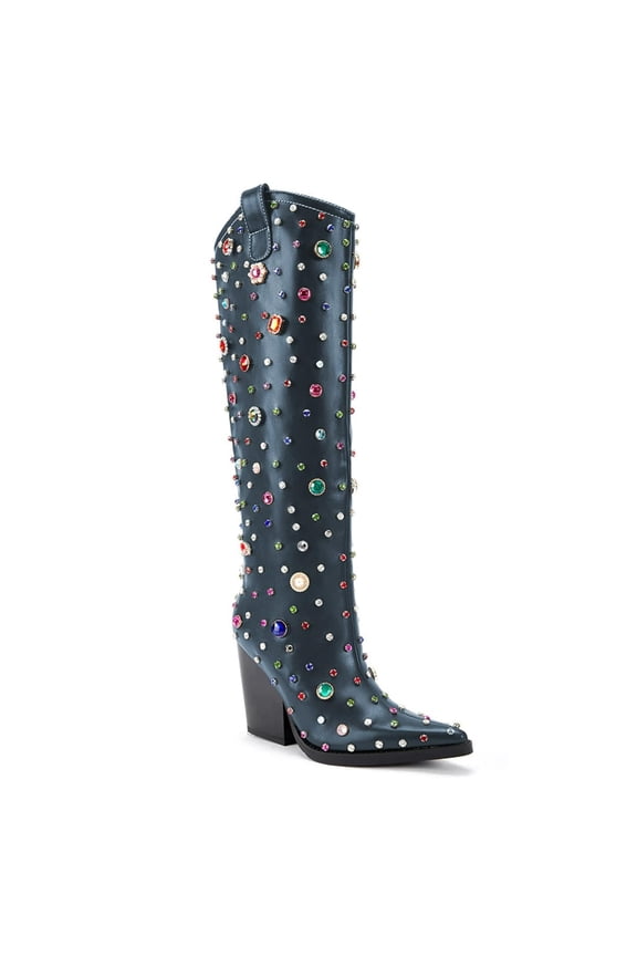 Women Fashion Rhinestone Studded Knee High Boots Pull On Chunky High Heels Prom Daily Western Long Boots Size 11 Navy