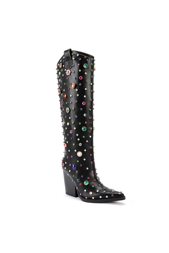 Women Fashion Rhinestone Studded Knee High Boots Pull On Chunky High Heels Prom Daily Western Long Boots Size 7 Black