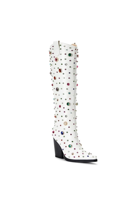 Women Fashion Rhinestone Studded Knee High Boots Pull On Chunky High Heels Prom Daily Western Long Boots Size 8 White