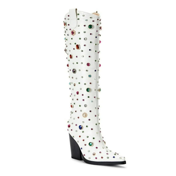 YDN Women Fashion Rhinestone Studded Knee High Boots Pull On Chunky High Heels Prom Daily Western Long Boots Size 9.5 White