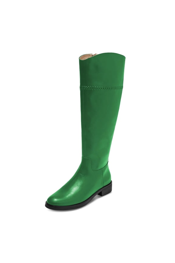 Women Fashion Round Closed Toe Knee High Boots Braid Flats Block Low Heels Side Zippers Shopping Daily Shoes Size 7 Green