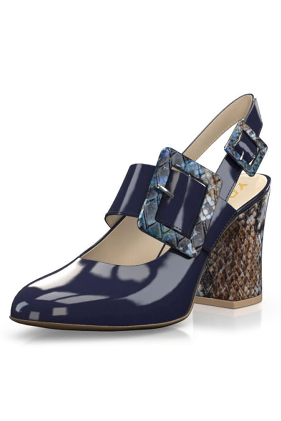 Women Fashion Round Closed Toe Pumps Slingback Strap Buckles Chunky High Heels Dressy Prom Daily Shoes Size 10 Navy