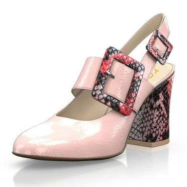 YDN Women Fashion Round Closed Toe Pumps Slingback Strap Buckles Chunky High Heels Dressy Prom Daily Shoes Size 7 Pink