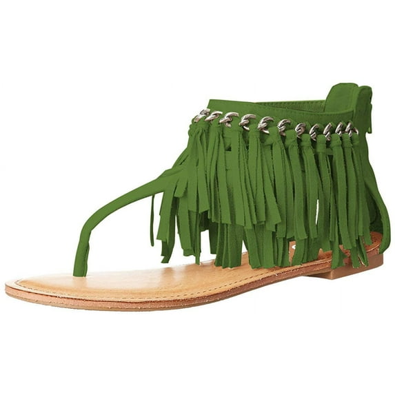 YDN Women Fashion Round Open Toe Flip Flop Sandals Suede Tassels Metal Chain Back Zipper Thong Flats Casual Summer Daily Shoes Size 10.5 Green