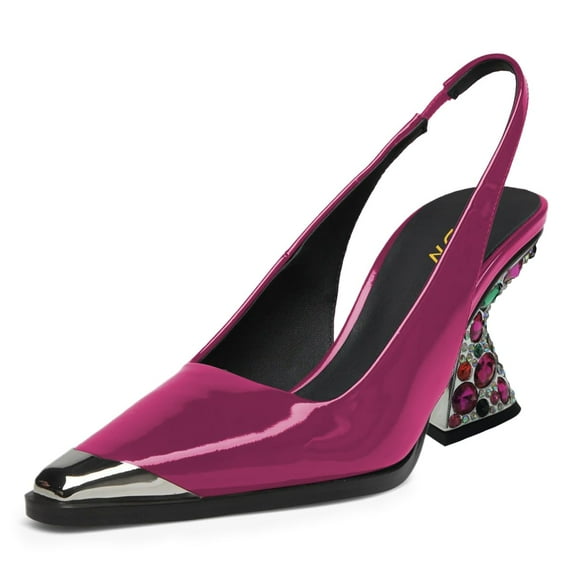 YDN Women Fashion Studded Pointed Toe Elastic Slingback Pumps Colorful Crystal High Heels Slip On Shoes Wedding Event Dress Size 10 Fuchsia