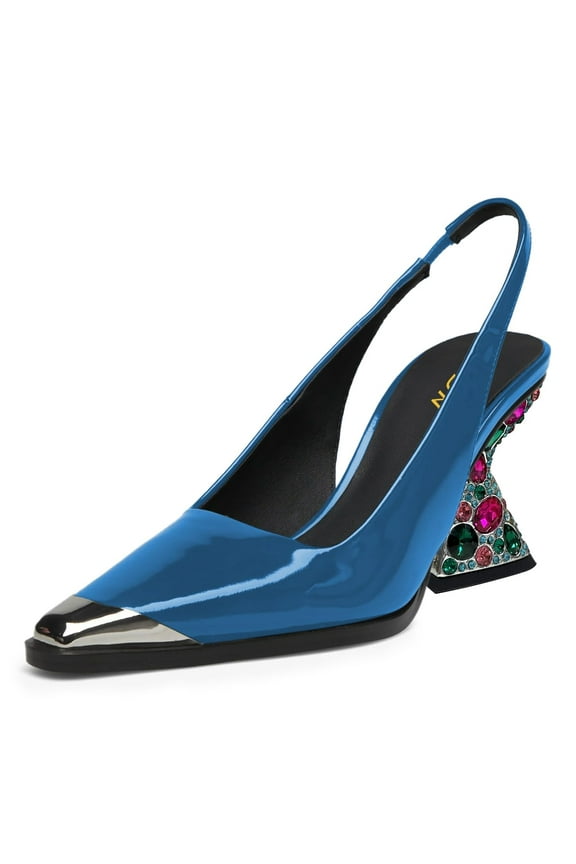 Women Fashion Studded Pointed Toe Elastic Slingback Pumps Colorful Crystal High Heels Slip On Shoes Wedding Event Dress Size 11 Blue