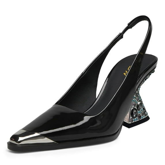 YDN Women Fashion Studded Pointed Toe Elastic Slingback Pumps Colorful Crystal High Heels Slip On Shoes Wedding Event Dress Size 4 Black