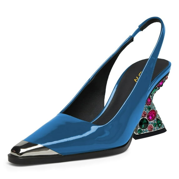 YDN Women Fashion Studded Pointed Toe Elastic Slingback Pumps Colorful Crystal High Heels Slip On Shoes Wedding Event Dress Size 5 Blue