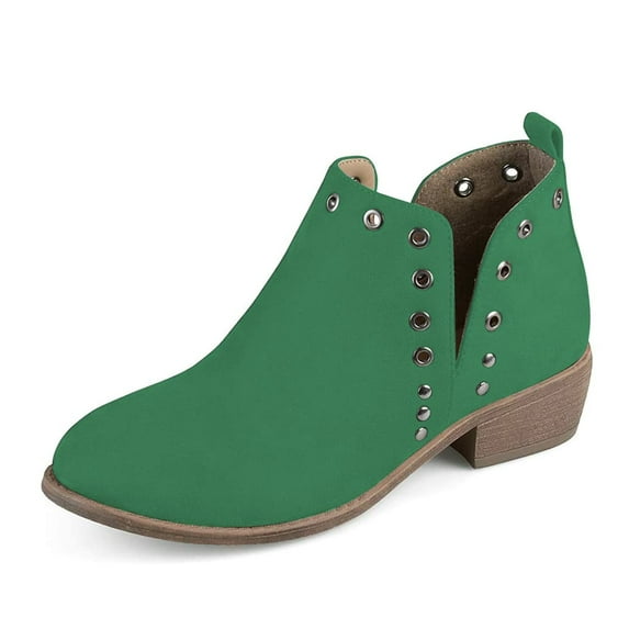 YDN Women Fashion Studs Stacked Chunky Low Heel Ankle Booties Stylish Cut Out Round Toe Slip On Short Boots Comfort Casual Daily Winter Shoes Size 16 Green
