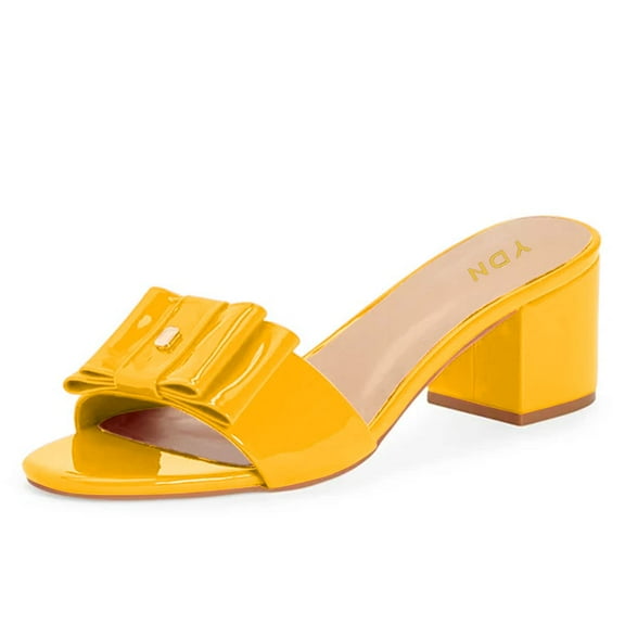 YDN Women Glossy Open Toe Bowknot Mules Slip On Mid Chunky Block Heel Slide Sandals Chic Daily Dressy Shoes Size 7 Yellow