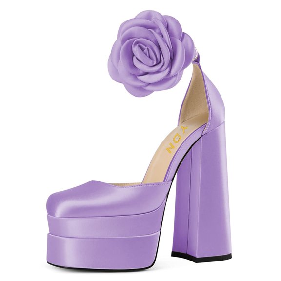 YDN Women Gorgeous Flower Buckled Strap Pumps Square Toe Platform Block High Heel Sandals Daily Wedding Evening Shoes Size 12 Purple
