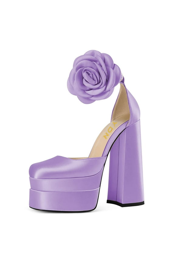 Women Gorgeous Flower Buckled Strap Pumps Square Toe Platform Block High Heel Sandals Daily Wedding Evening Shoes Size 4 Purple