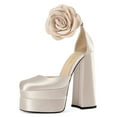 thumbnail image 1 of YDN Women Gorgeous Flower Buckled Strap Pumps Square Toe Platform Block High Heel Sandals Daily Wedding Evening Shoes Size 5.5 Champagne, 1 of 4