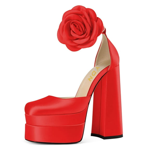 YDN Women Gorgeous Flower Buckled Strap Pumps Square Toe Platform Block High Heel Sandals Daily Wedding Evening Shoes Size 7 Red
