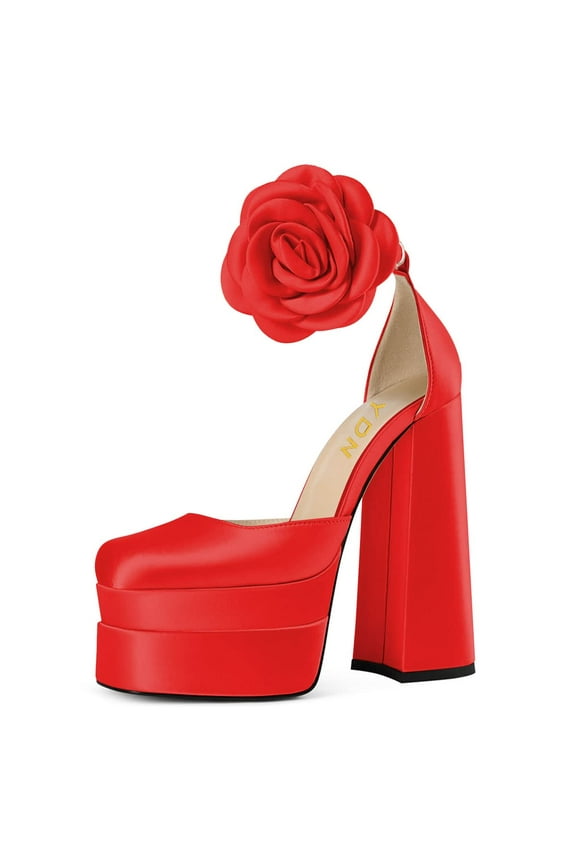 Women Gorgeous Flower Buckled Strap Pumps Square Toe Platform Block High Heel Sandals Daily Wedding Evening Shoes Size 7 Red