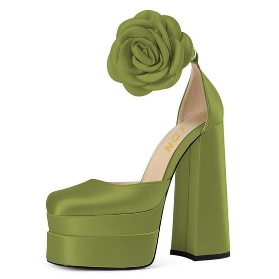 YDN Women Gorgeous Flower Buckled Strap Pumps Square Toe Platform Block High Heel Sandals Daily Wedding Evening Shoes Size 8.5 Olive