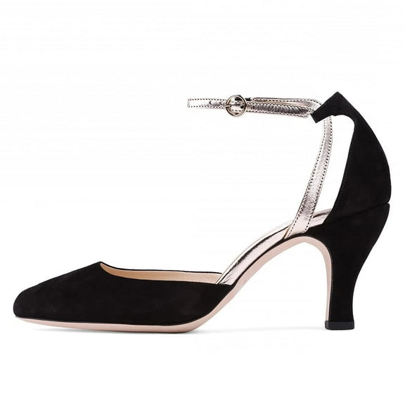 YDN Women Graceful Kitten Low Heels Pumps Closed Round Toe Ankle Strap Sandals Wedding Party Dress Shoes Size 12 Black