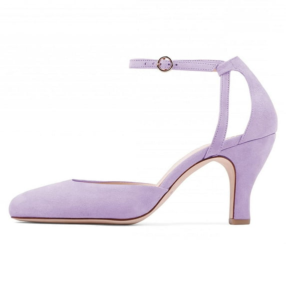 YDN Women Graceful Kitten Low Heels Pumps Closed Round Toe Ankle Strap Sandals Wedding Party Dress Shoes Size 5.5 Purple