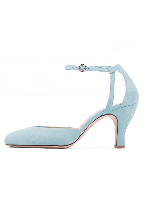 Women Graceful Kitten Low Heels Pumps Closed Round Toe Ankle Strap Sandals Wedding Party Dress Shoes Size 7 Blue